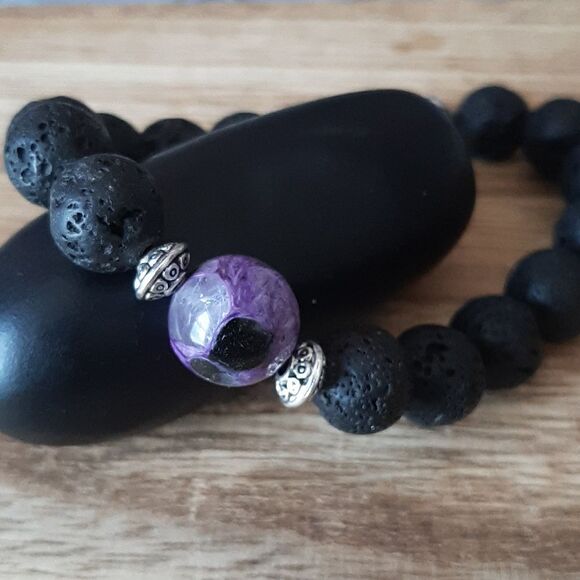 Charoite & Lava Rock Beaded Stretch Bracelet - Picture 1 of 5